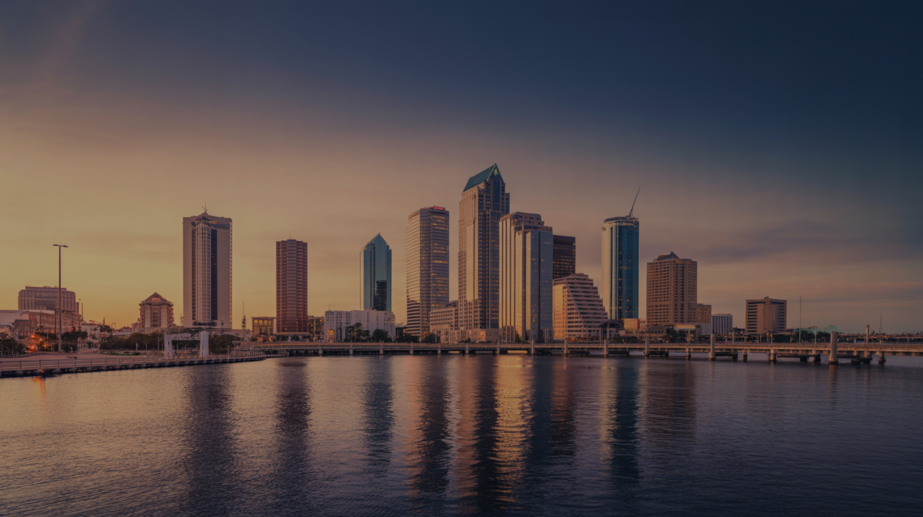 Tampa, Florida downtown skyline at golden hour from the bay