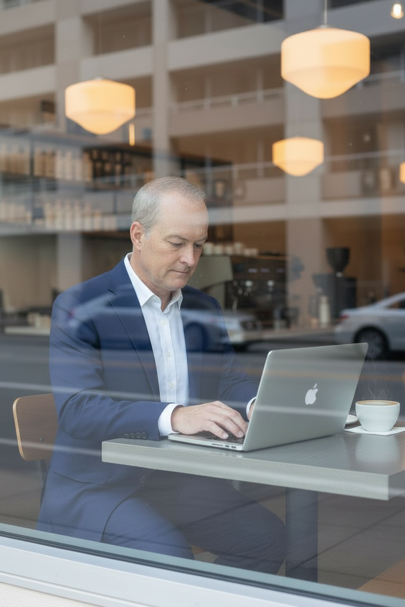 Michael R. Linton working on a laptop at a coffee shop window